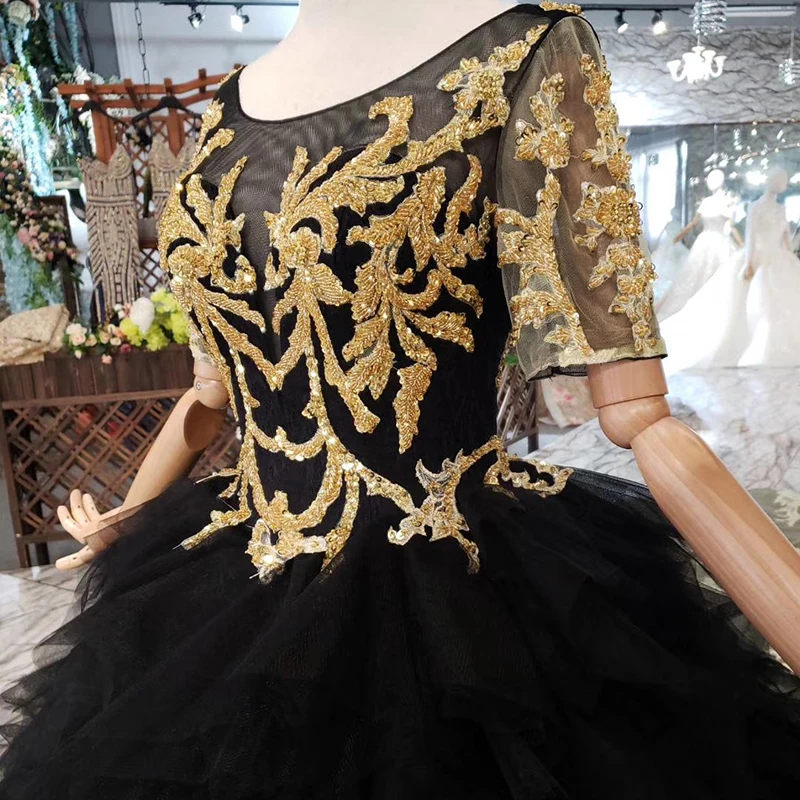 BGW 3222ht Black Evening Dress Long For Women O-neck V-back Golden Lace Cake Style Formal With Detachable Train 2020 | Свадьбы и