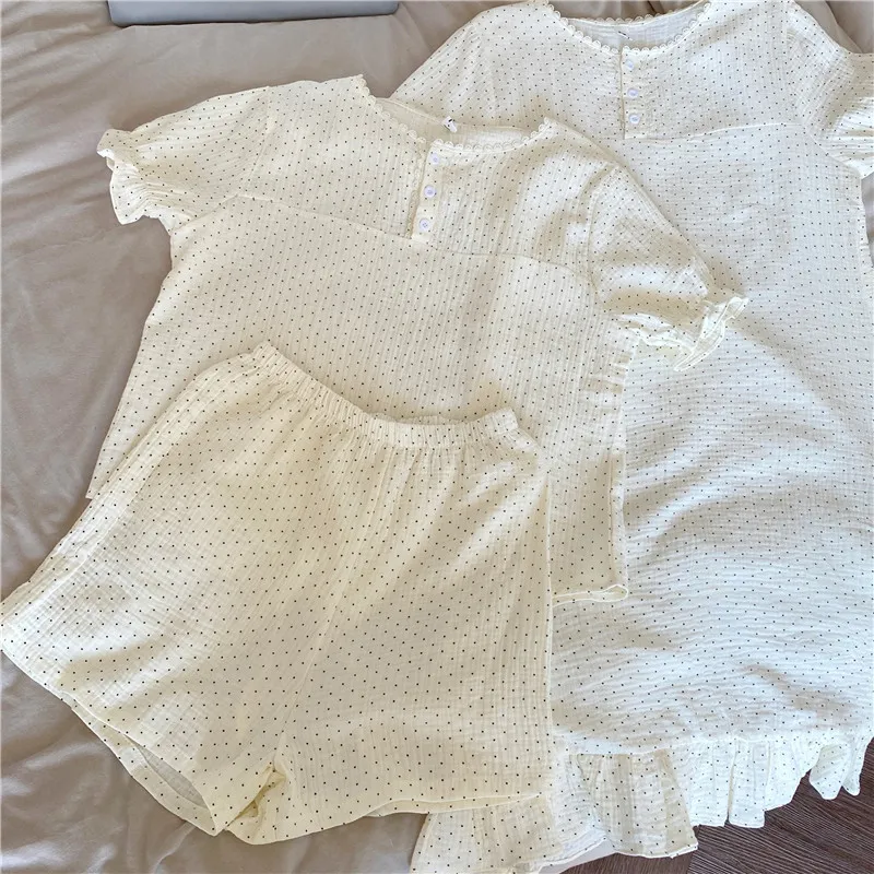 

Marple 2021 Korean summer pajamas cotton yarn sweet polka dot lace princess style pajamas short-sleeved suit nightdress