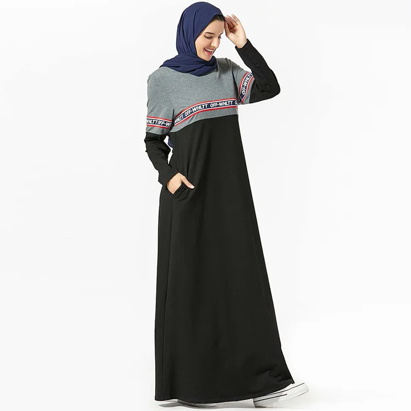

Middle East Arab Women's Dress Lettering Printed Dress Muslim Dubai Mosque Prayer Stitching Multicolor Pocket Long Sleeve Dress