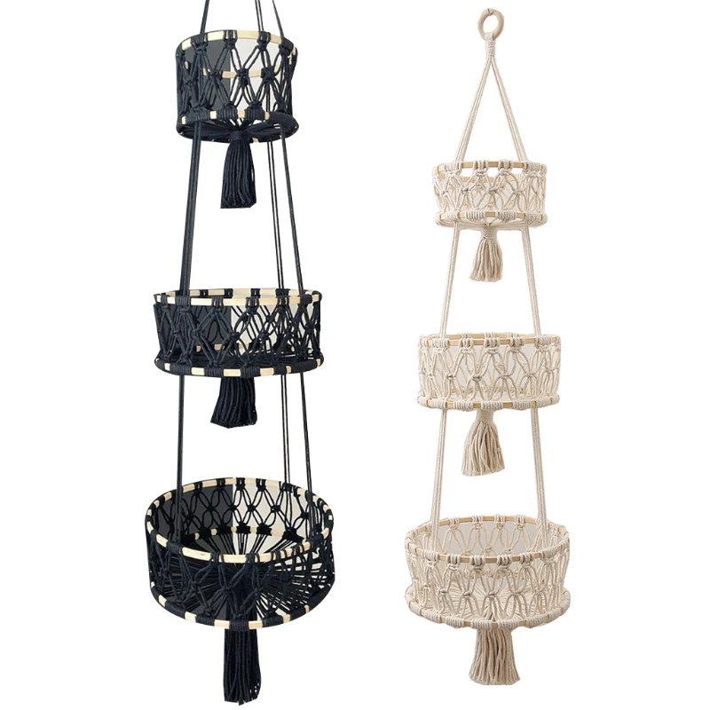 Богемная 3 уровневая подвесная корзина для фруктов плетеная макраме кисточка