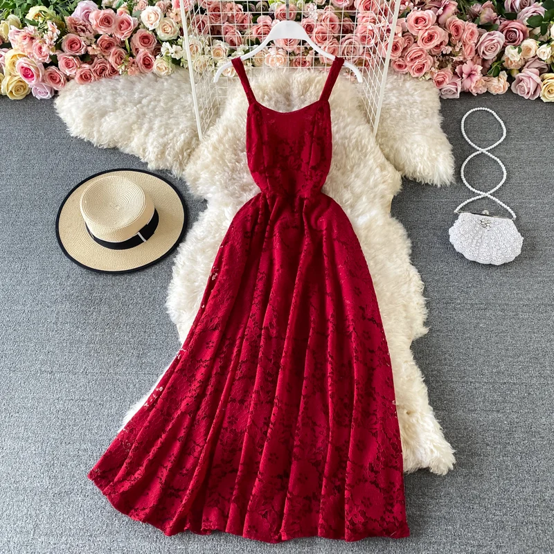 

Женское винтажное Кружевное платье миди, красное/розовое/желтое платье на бретелях-спагетти с открытой спиной и высокой талией, лето 2021