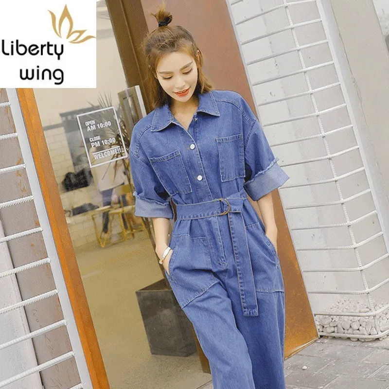 Spring Belt Ankle-Length Pants Jumpsuits Women Denim Overalls For Streetwear Woman Clothes New