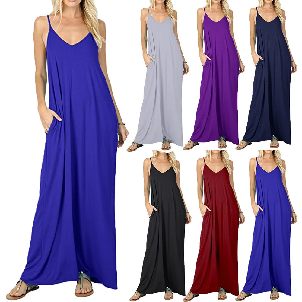 Женское Макси платье без рукавов 2020 летнее сексуальное пляжное асимметричное с v