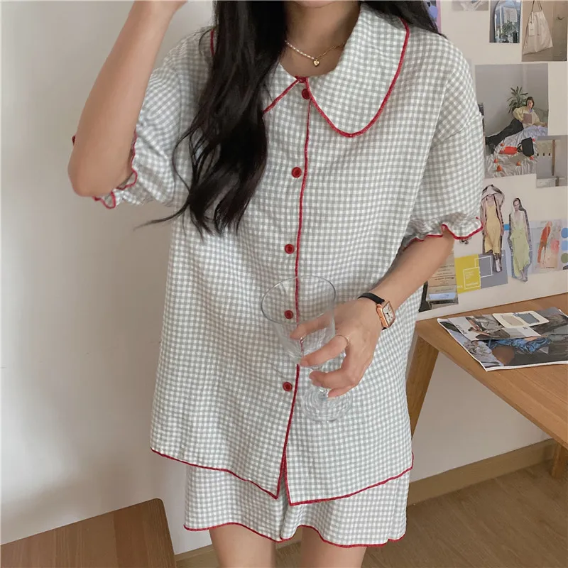 

CBAFU women pajamas set peter pan collar cute plaid summer sleepwear 2 piece set home suit shorts suit cotton home clothes M556