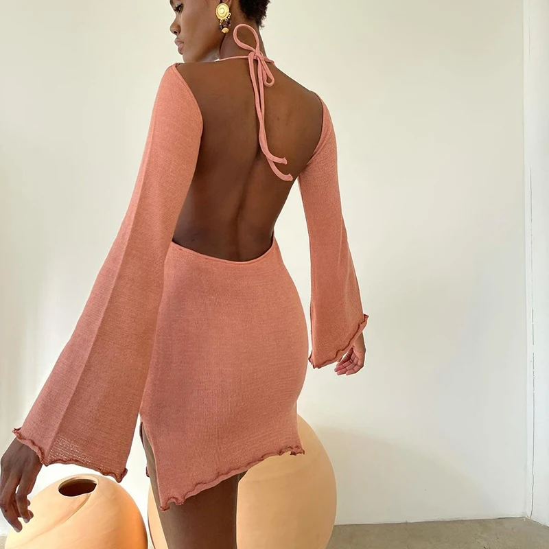 

wsevypo Elegant Fashion Solid Color Tie-up Backless Split Short Dress Office Lady Long Sleeve Ring V-Neck Mini Dress Fall Spring