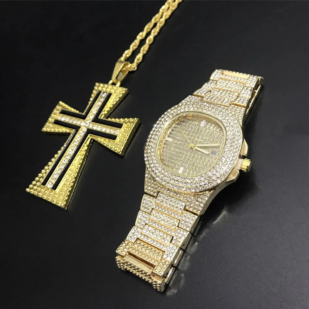 

Luxury Men Silver Color Watch & Neckalce Combo Set Ice Out Cuban Watch Jewerly Crystal Miami Neckalce Chain Hip Hop For Men