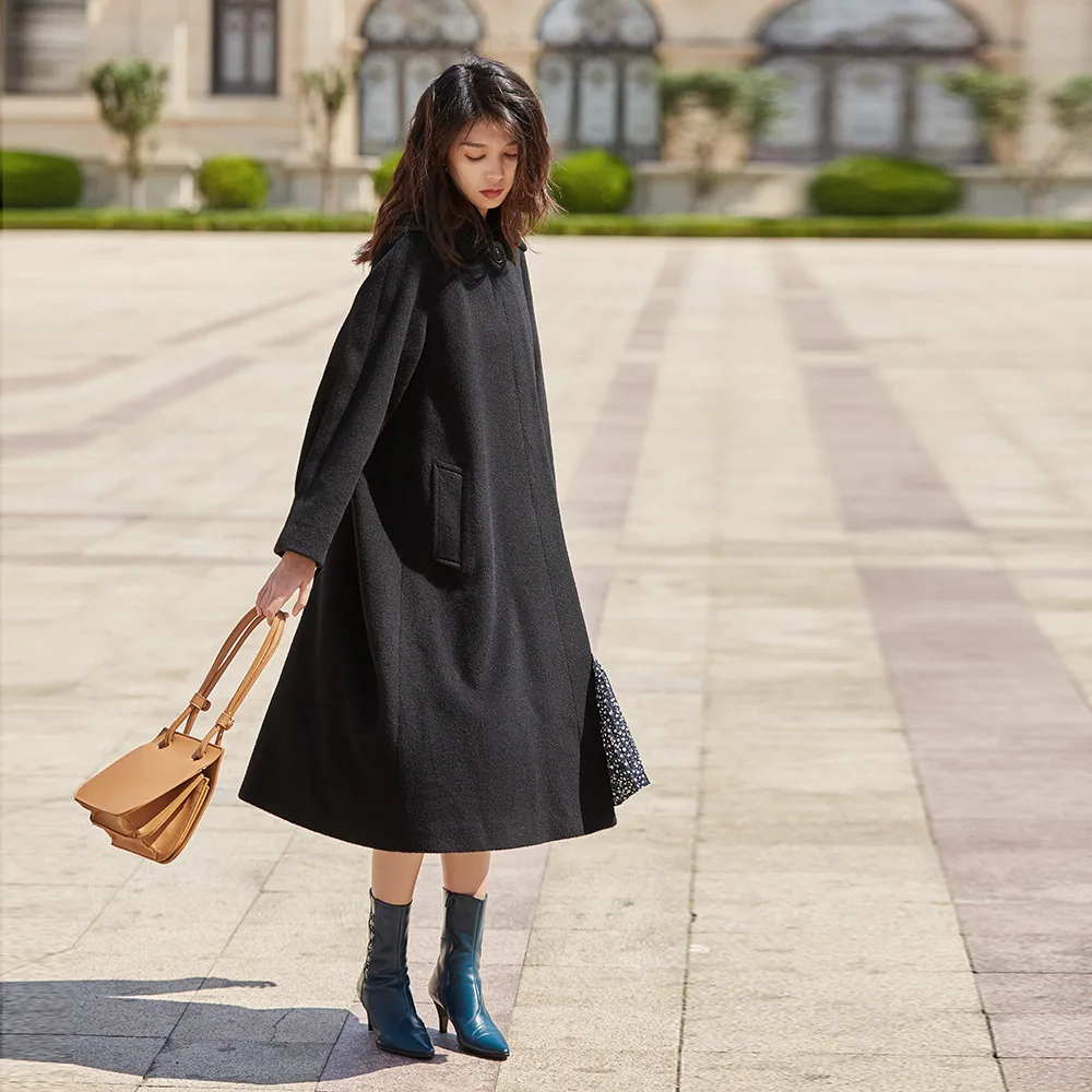 Женское шерстяное пальто теплое длинное Свободное из шерсти альпаки и шелка с