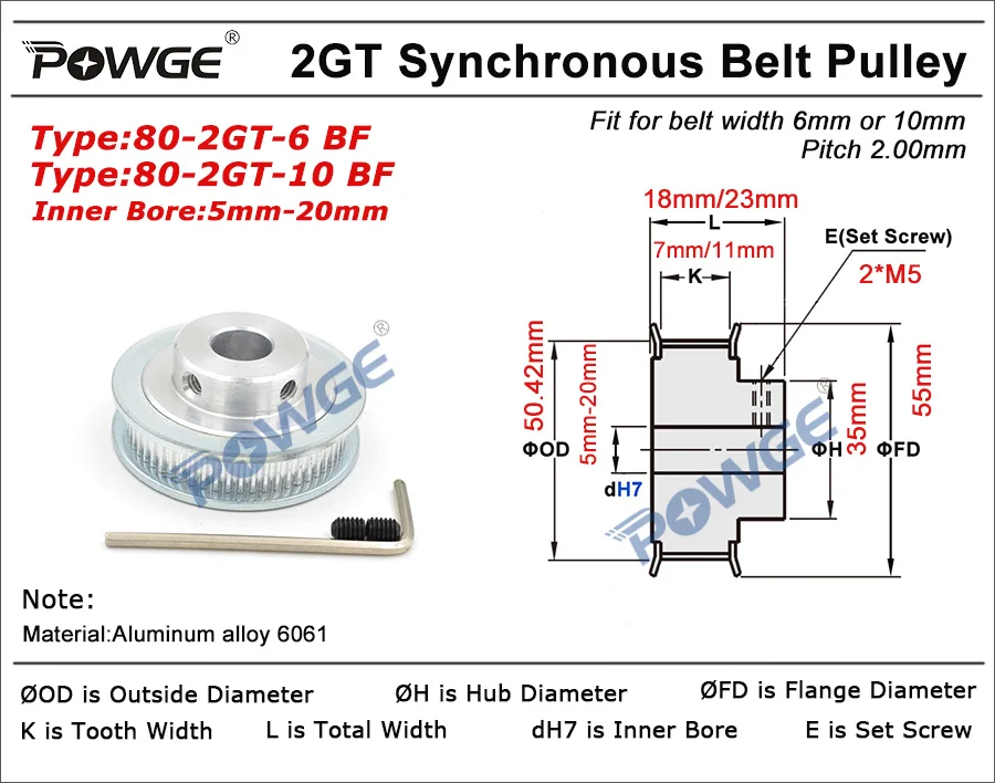 Зубчатый шкив POWGE 80 2GT диаметр отверстия 6/6. Синхронный ремень для GT2