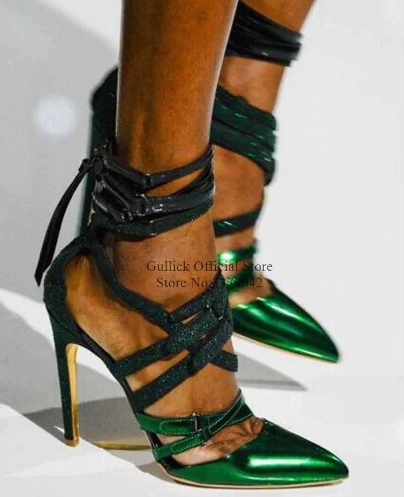 Jual Neon Hijau Stiletto Heels Sepatu Cross Tali Pergelangan Kaki Menunjuk Toe Pesta Pernikahan Cut-Out Lace-Up Sandal Foto Asli
