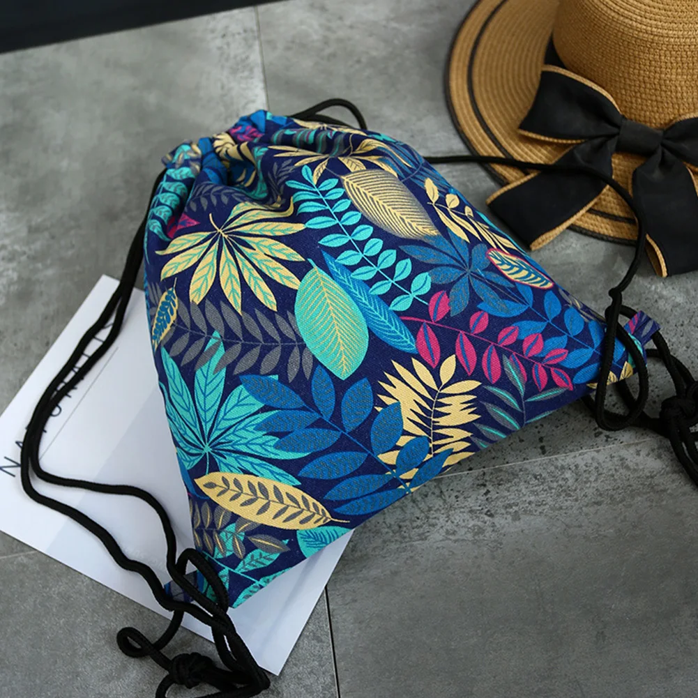 

Women Drawstring Bag Shoulder Floral Print Portable Shopping Shoes Outdoor Canvas Pouch Organizer Multi Use Storage Backpack
