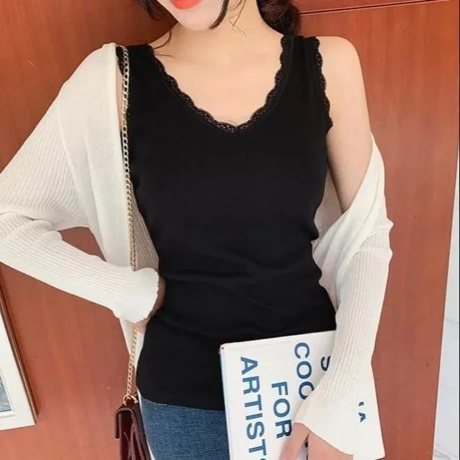 Женский хлопковый жилет с V-образным вырезом и кружевом Универсальный облегающий