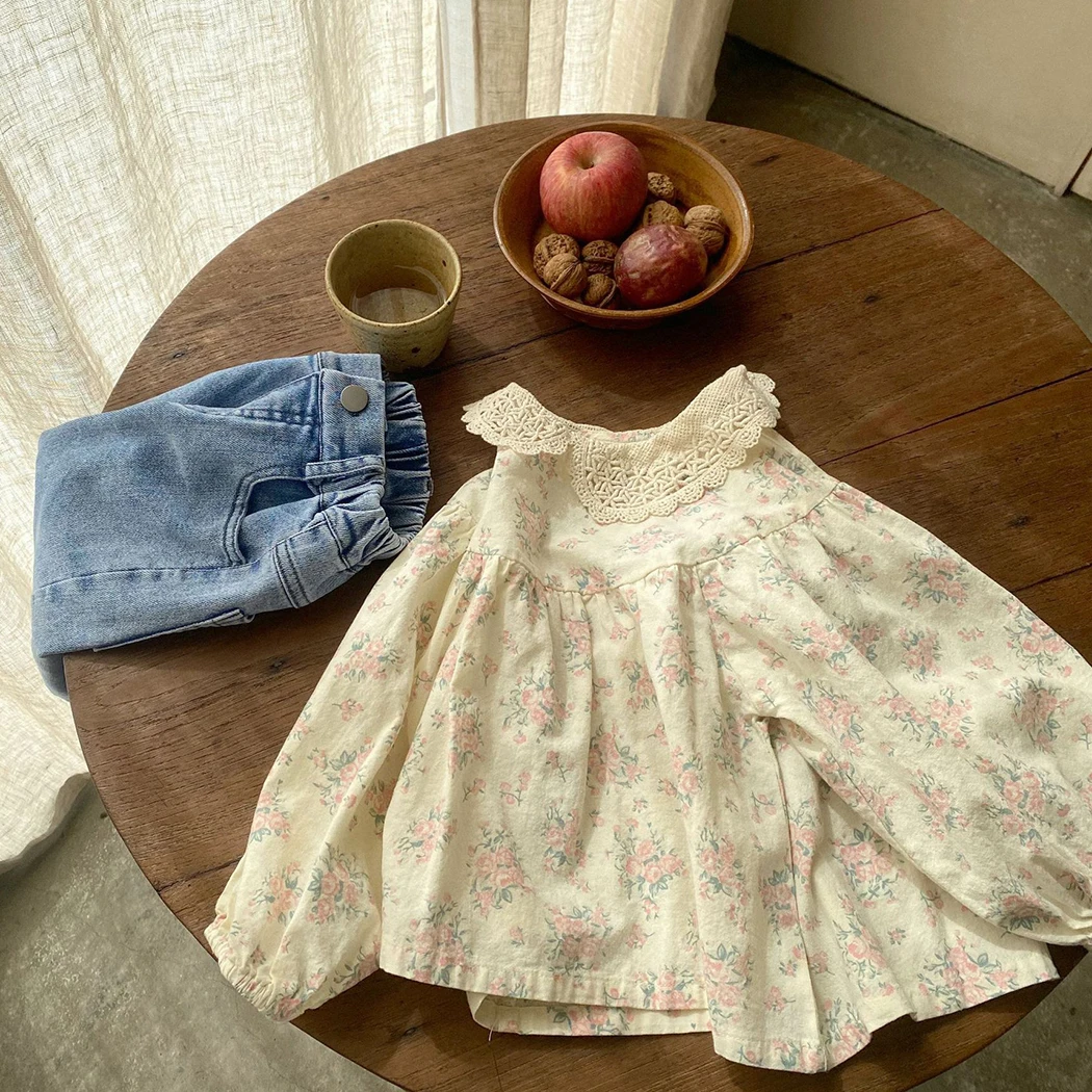 

2021 Autumn 0-6Y Baby Girl Floral Shirt Korean Style Children Girl Sweet Lace Collar Long Sleeve Blouse Tops Kids Cotton Shirt