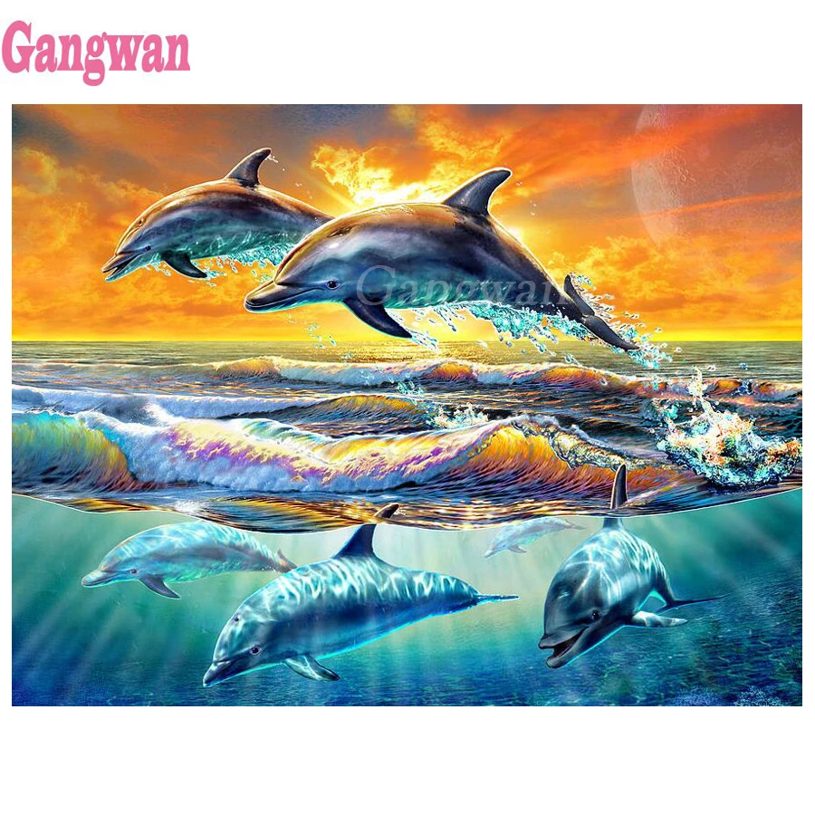 

Full Square round drill Diamond painting dolphin sunset seascape landscape Diamond embroidery Cross stitch resin office wall art