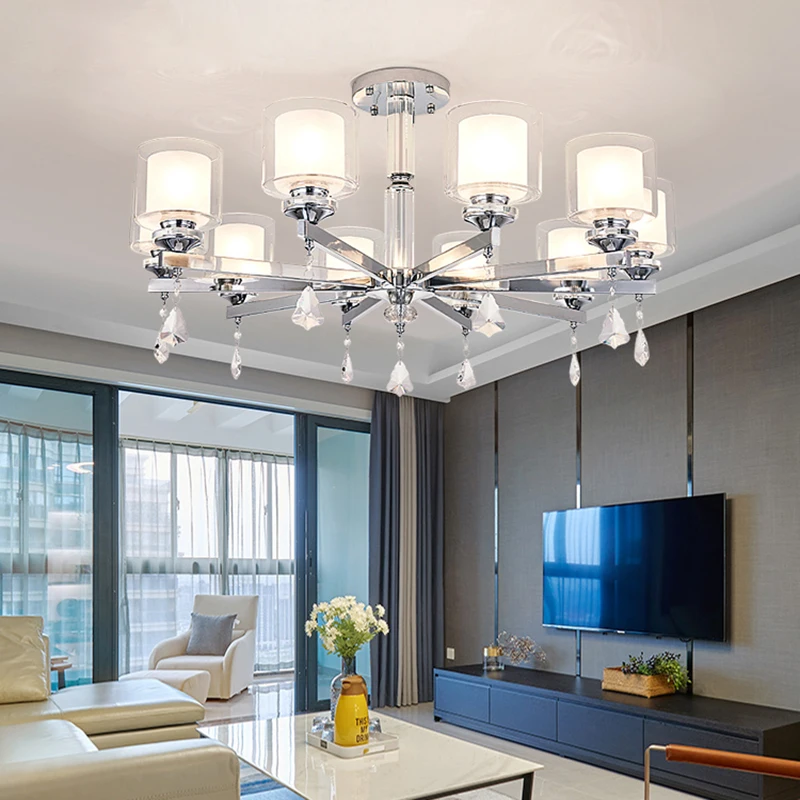 

Modern Living Room Lighting Luxury Chrome Metal E14 Led Chandelier Glass Shades K9 Crystals Led Pendant Chandelier Lighting