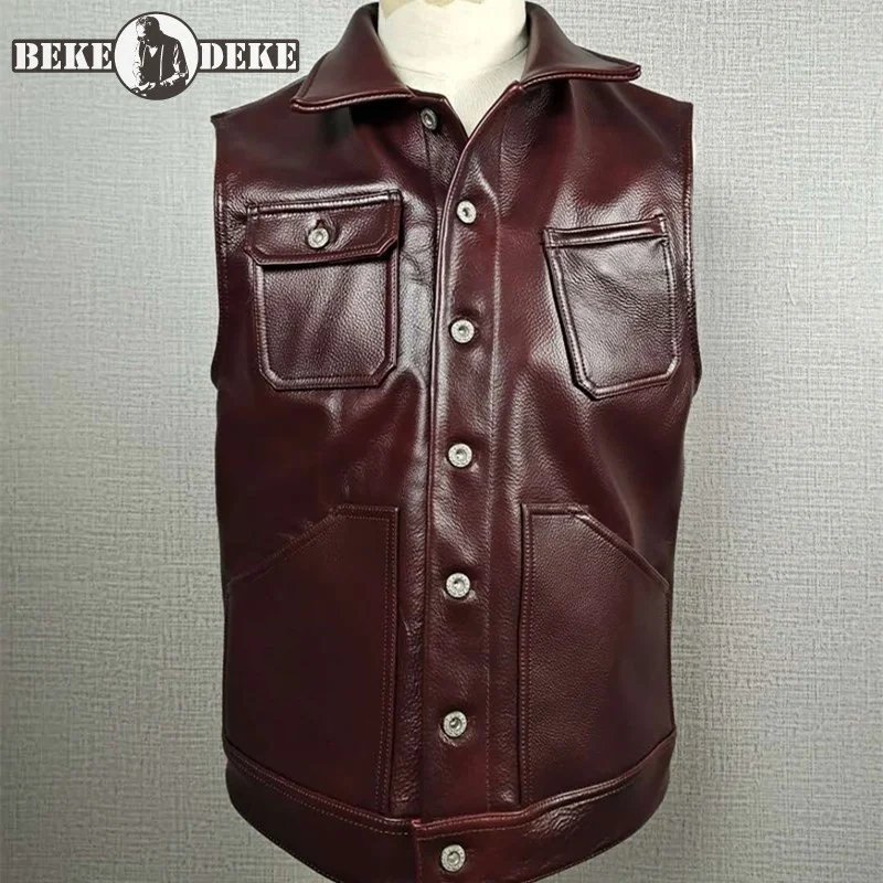 

Винно-красный мужской Байкерский жилет в стиле ретро, однобортный мотоциклетный короткий жилет из натуральной кожи без рукавов, тонкий жилет из воловьей кожи, куртка