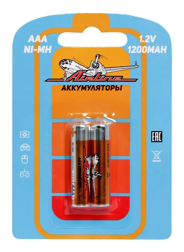 Батарейки AAA HR03 аккумулятор Ni Mh 1200 mAh 2шт. AIRLINE 12 02|Батарейки| |