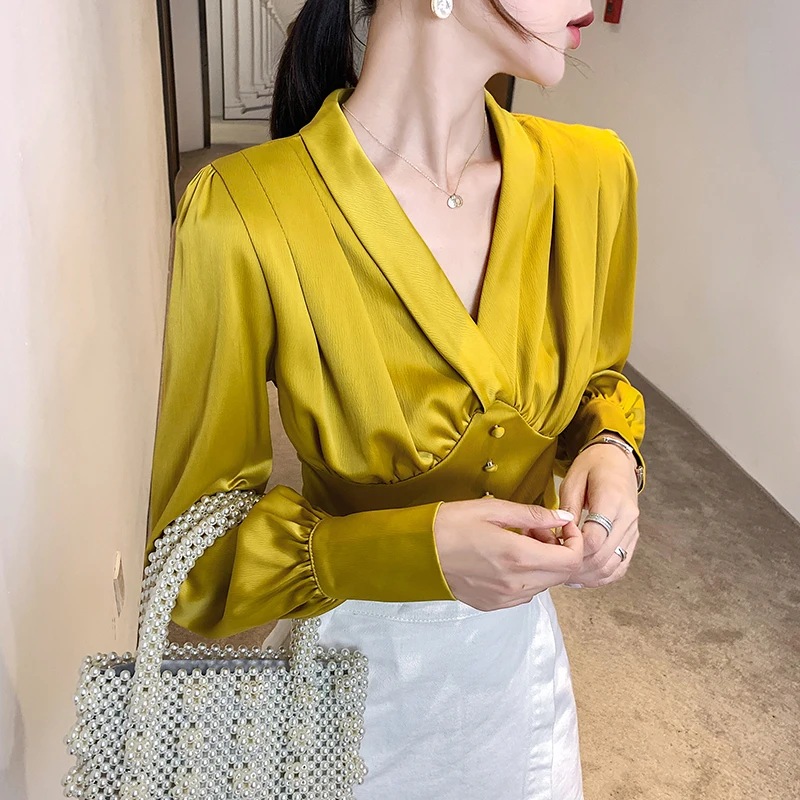 

2019 autumn vintage shirts women elegant white satin blouse female long sleeve v-neck pleated high waist blouses ladies tops