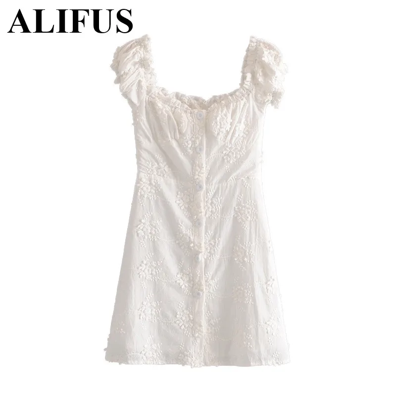 

fashion 2020 mini dress women cotton V-neck ruffles embossed embroidery dress female elegant single-breasted high waist mujer