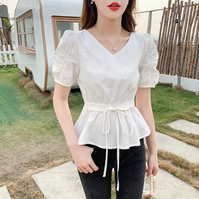 

2021 Women's Summer Solid Color Blouse Female Fashion Lace Up Shirts High Waist Short Puff Sleeve Blusas Female V Neck Tops Q392