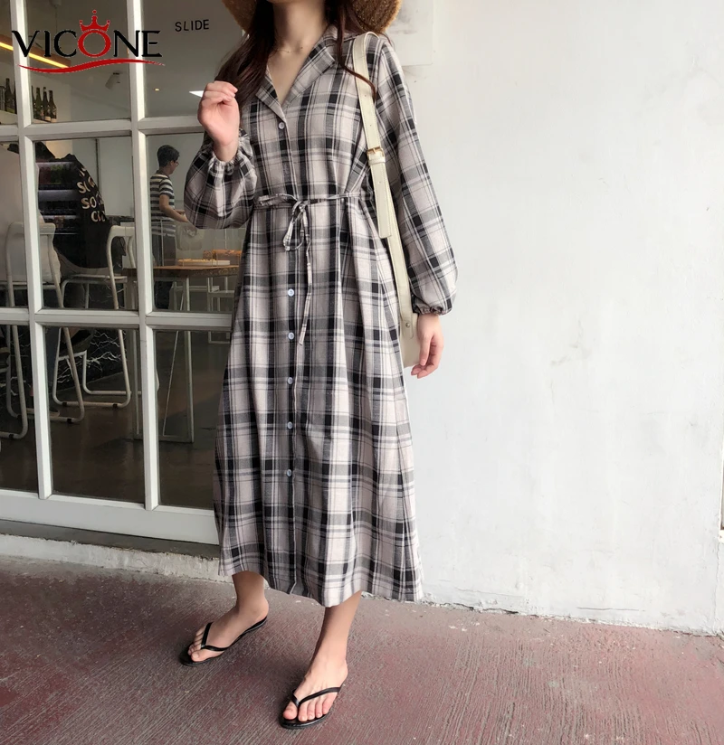 

VICONE Women Dresses Spring Summer Elegant Ladies Casual plaid Shirt Dress Single Breated