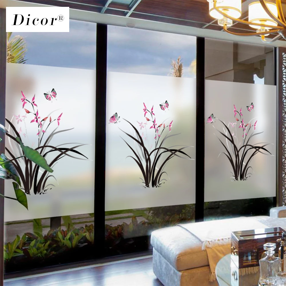Стеклянная пленка для окна с изображением орхидеи и бабочки прозрачная