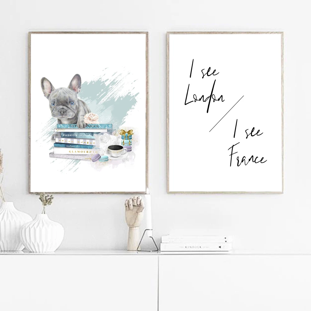 

Canvas Painting Fashion Dog Wall Art Book Nordic Poster And Prints I see London I see France Funny Bathroom Wall Pictures Decor