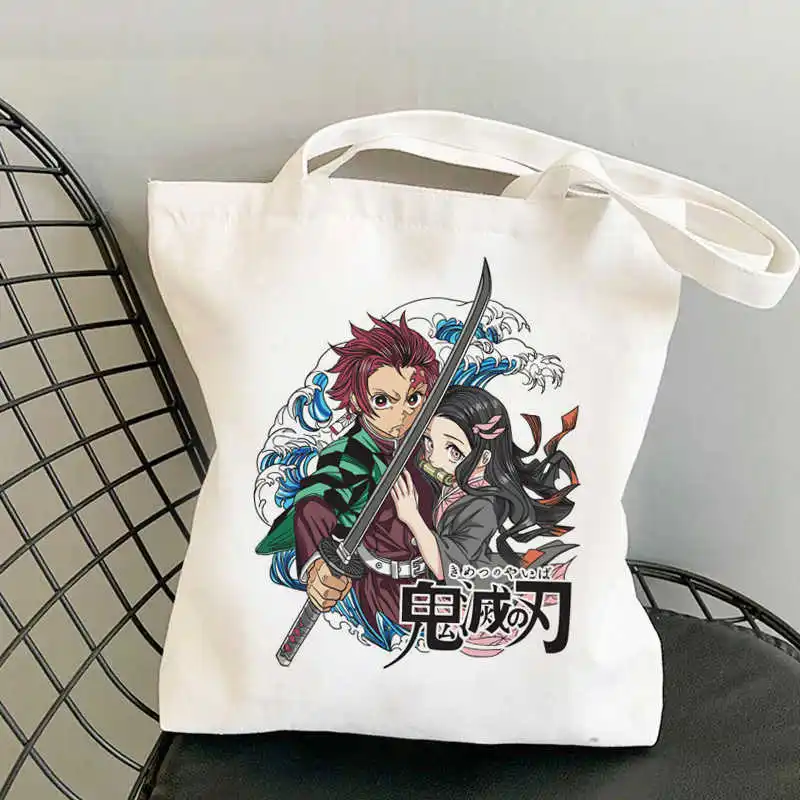 

Демон убийца Kimetsu без Yaiba хозяйственная сумка для покупок бакалеи, джутовый мешок с ручками-шопер из парусины сумка многоразовый складной ко...