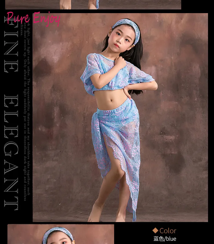 

Girls Belly Dancing Clothes Luxury Short Sleeves+Lace Split 2pcs Child Dance Set Kids Belly Dance Suit
