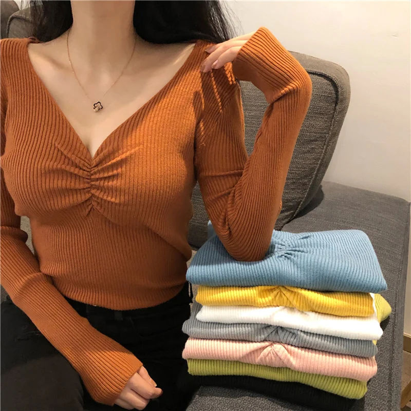 

Sexy V Neck Women Sweater Autumn Knitted Pullover Jumper New 2021 Chic Soft Korean Slim Long Sleeve Female Basic Top
