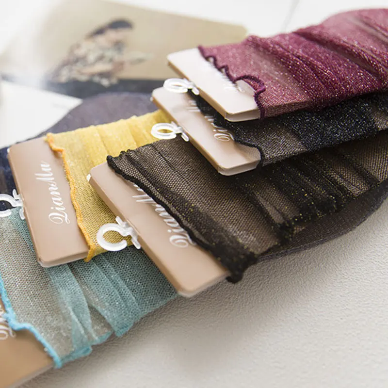 

Socks New Retro Women's Spring and Summer Thin Pile Gold Silver Wood Ears Mesh Tulle