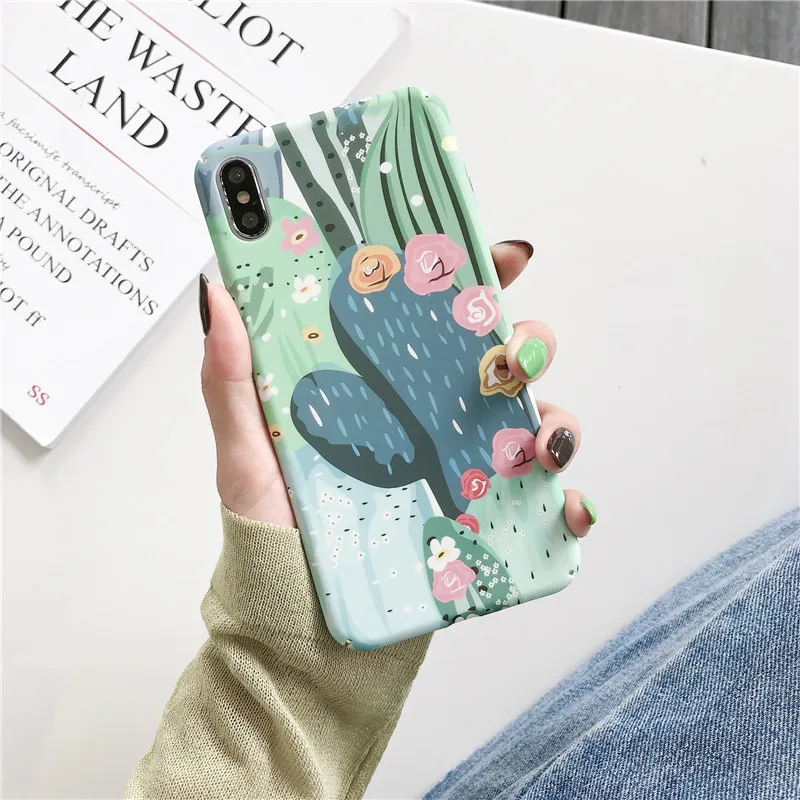 Hard PC Phone Case For iPhnoe 7 8 6 6s Plus Cactus Flower Leaf Cover For iPhone X XS Max XR Candy Color Full Cover Capa