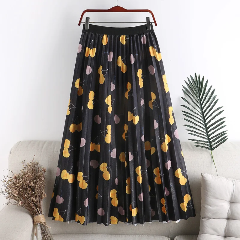 

2021 New Women Summer Pleated Skirt High Waisted Polka Dot Print Chic Retro Long Mid-Calf Skirts Female A-Line Jupe Femme