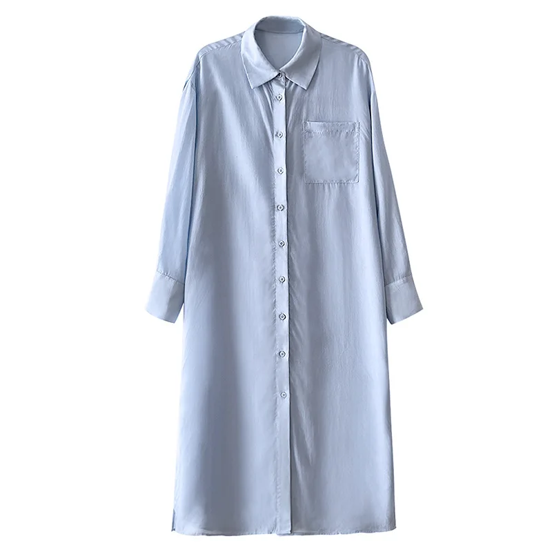 

2021 Summer Casual Women Shirts Dress Thin Long Sleeve Loose Blue White Tencel Sunscreen Button Up Oversized Mesh Shirt