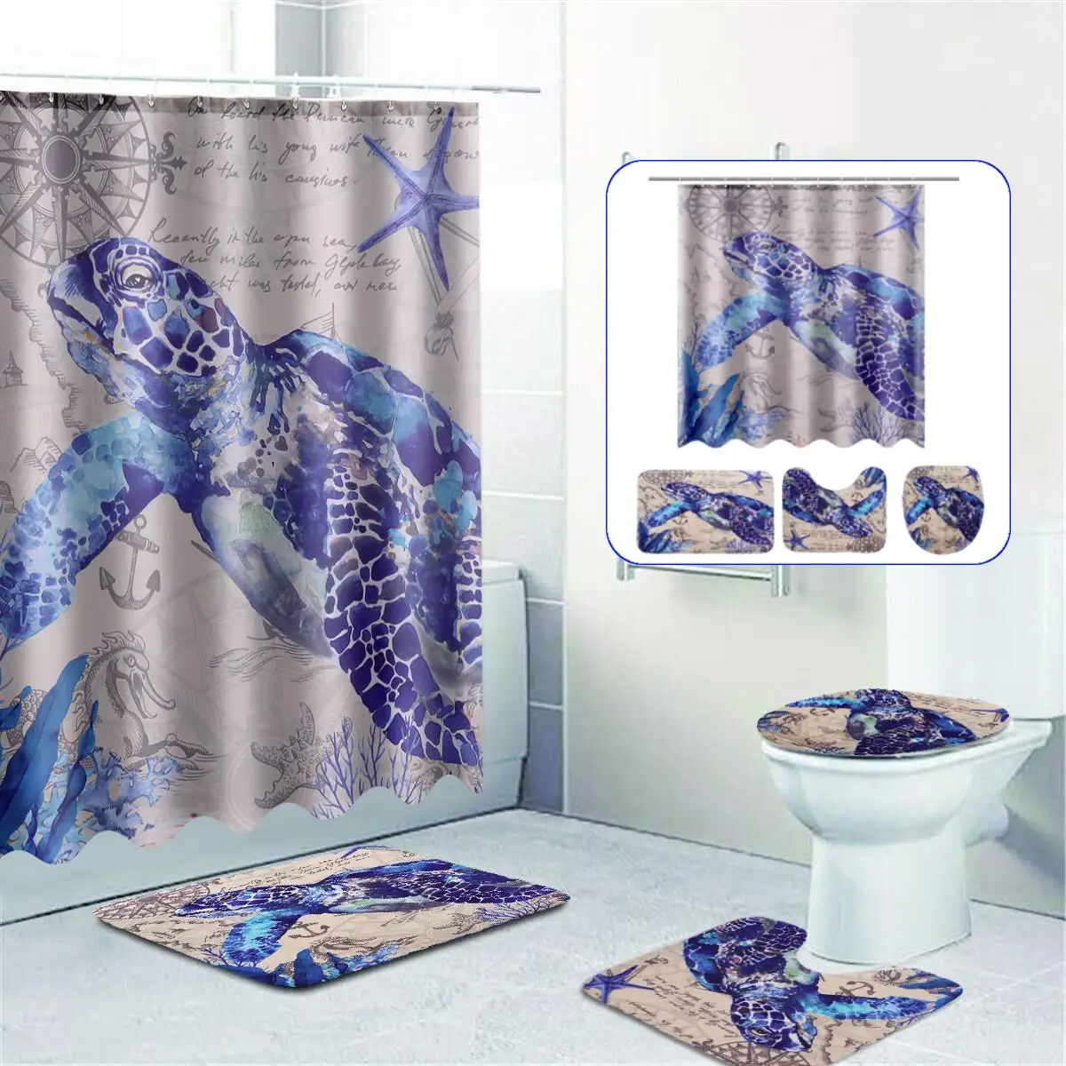 

4Pcs/set Bath Curtain Sea Turtle Waterproof Shower Curtain Octopus Bathroom Curtains with Hooks 3D Blackout Curtain Bath Mat Set