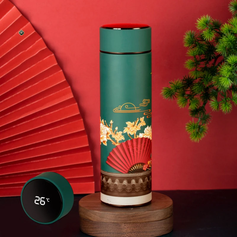 Bottle Thermos Portable Thermos Cup Chinese Style Ins Illustration Vacuum Bottle Stainless Steel Display Temperature Water Cup