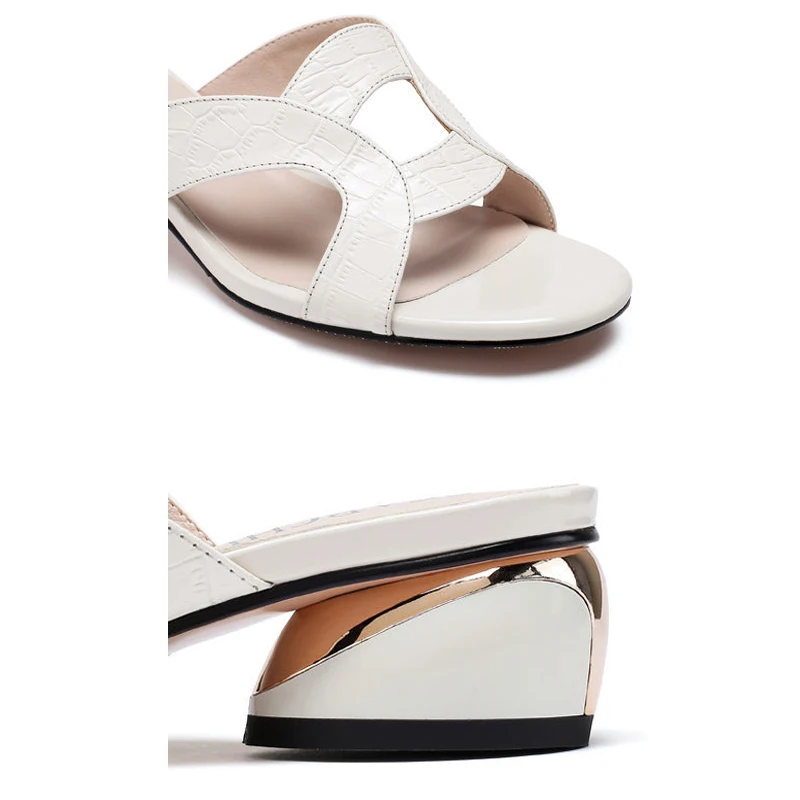 

Solid PU Leather Hoof Heels Women Slippers Retro Striped Shallow Hollow Slides Sexy Sandals Mom Shoes Plus Size 35-43