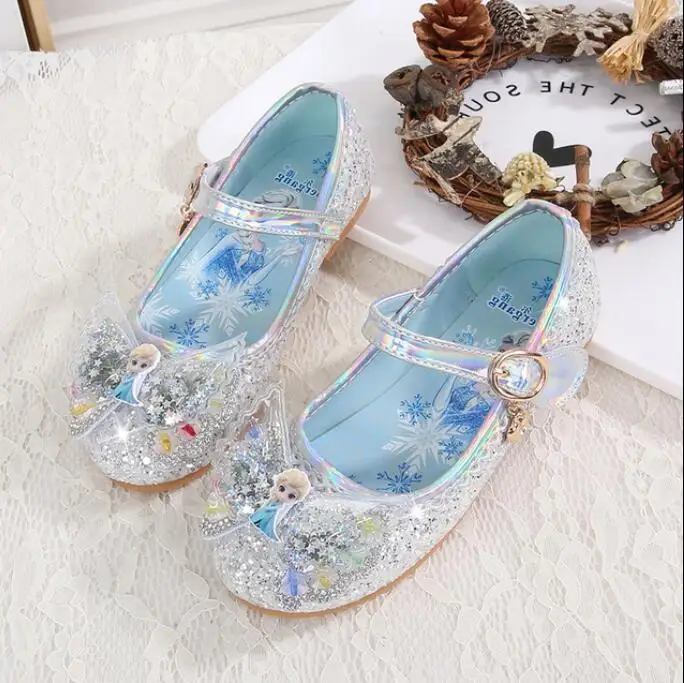 Kids Princess Elsa Sandals Girls Glitter Leather Shoes Fashion Bow Party Wedding Dress Flat Children Banquet |