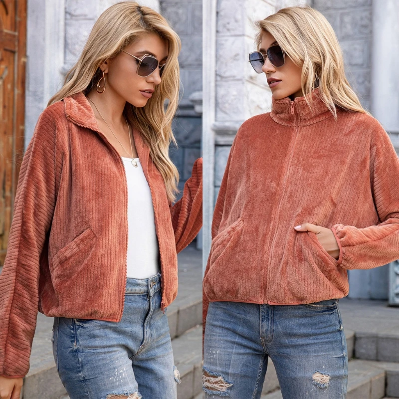 

Women Winter Warm Long Sleeve Lapel Jacket Ribbed Flannel Velvet Solid Color Zipper Coat Casual Loose Short Outwear Sweatshirt w