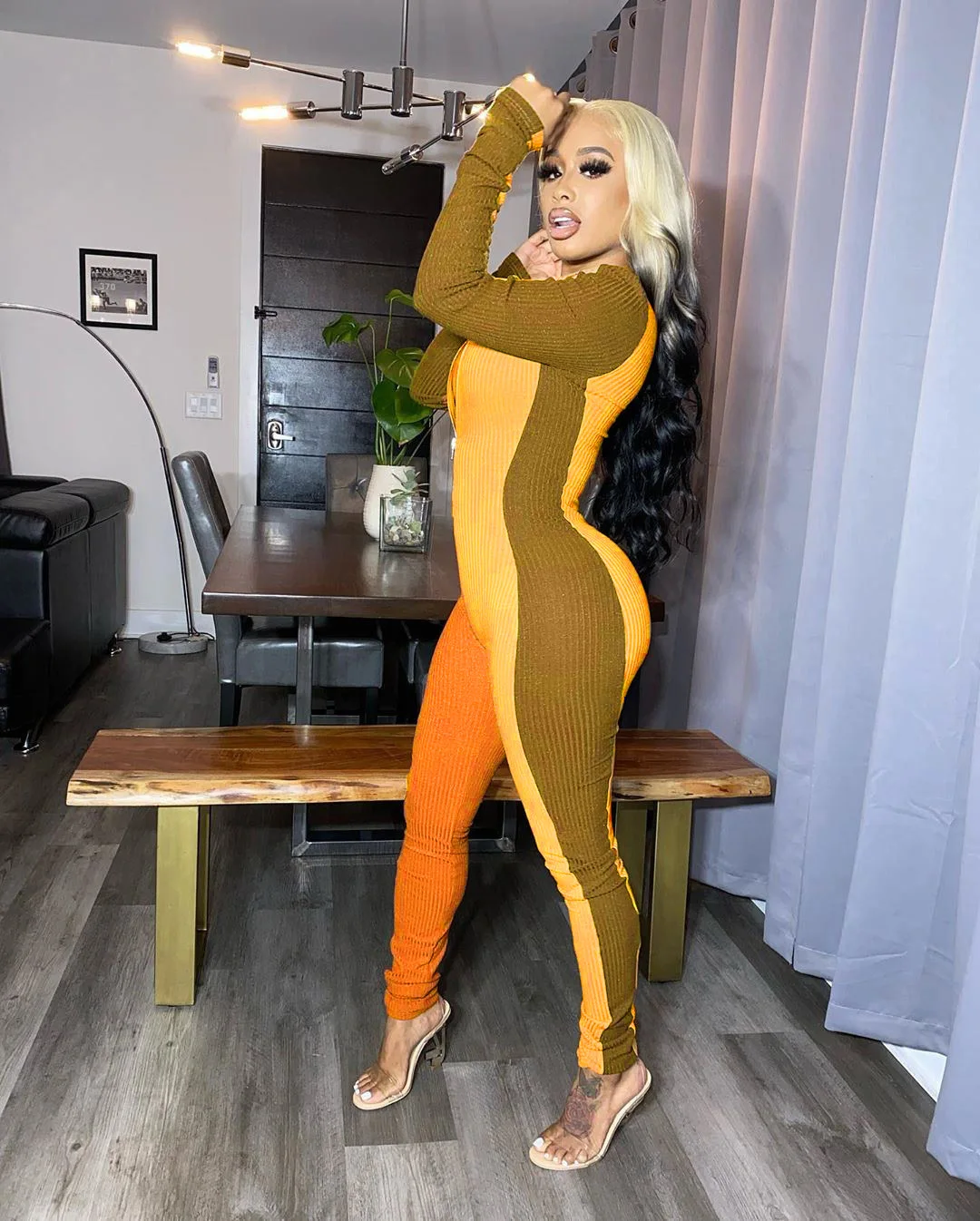 

Brand New Fashionable Women Knitted One-piece Jumpsuit Female Long Sleeve Sexy Front Zipper Design Jumpsuits Plus Size