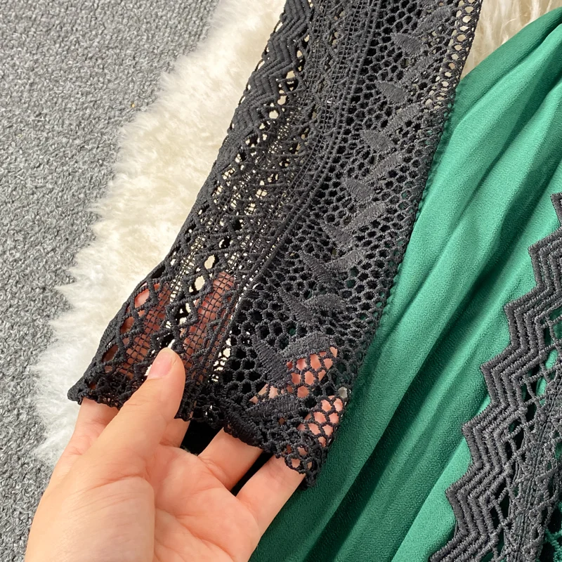 

Green/Black Hollow Out Patchwork Pleated Long Dress Women Elegant Round Neck Long Sleeve High Waist Draped Vestidos Spring Fall