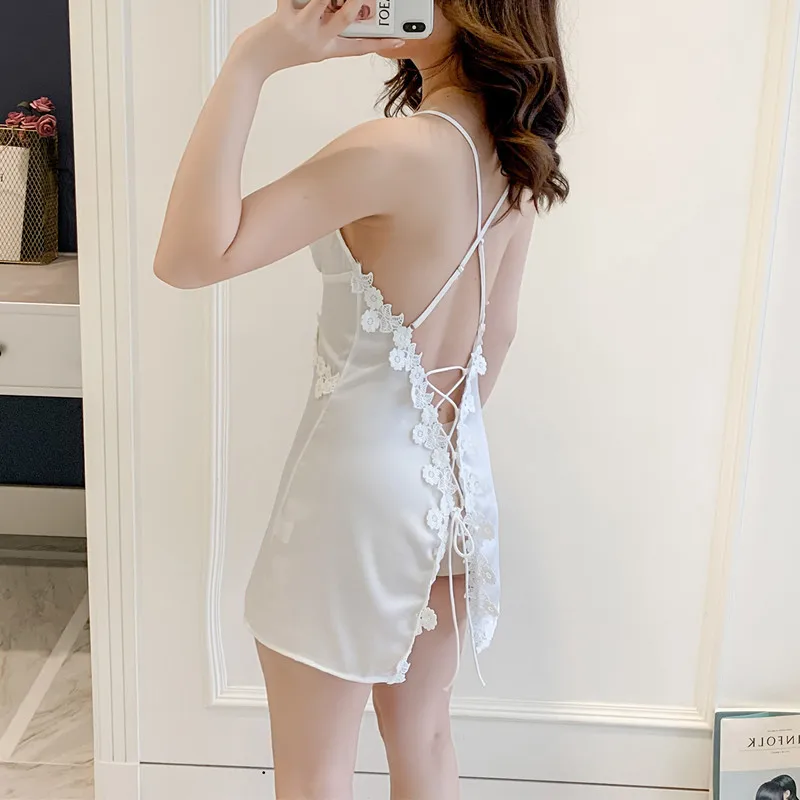 

2020 New Women Sexy Suspenders Nightdress Lace Back Straps Beautiful Back Temptation Charming Silk Dress Spicy Underwear