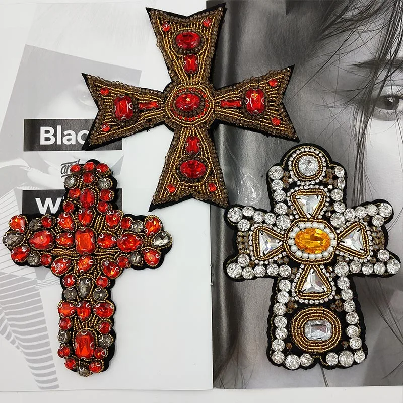 

1 Piece Fashion Handmade Beaded Cross Sew on Applique For DIY Patches Jeans Bags Craft Clothes Decoration Accessories