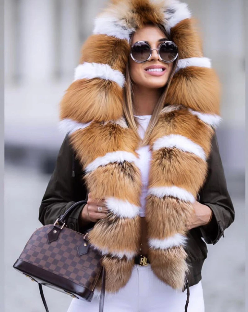 EIFURKOP натуральным Толстовка с принтом лисьей морды парка на меху капюшоном Для