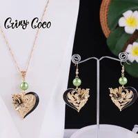 cring coco heart pendant necklace set high quality hibiscus flowers earrings necklace trend hawaiian jewelry sets for women 2021