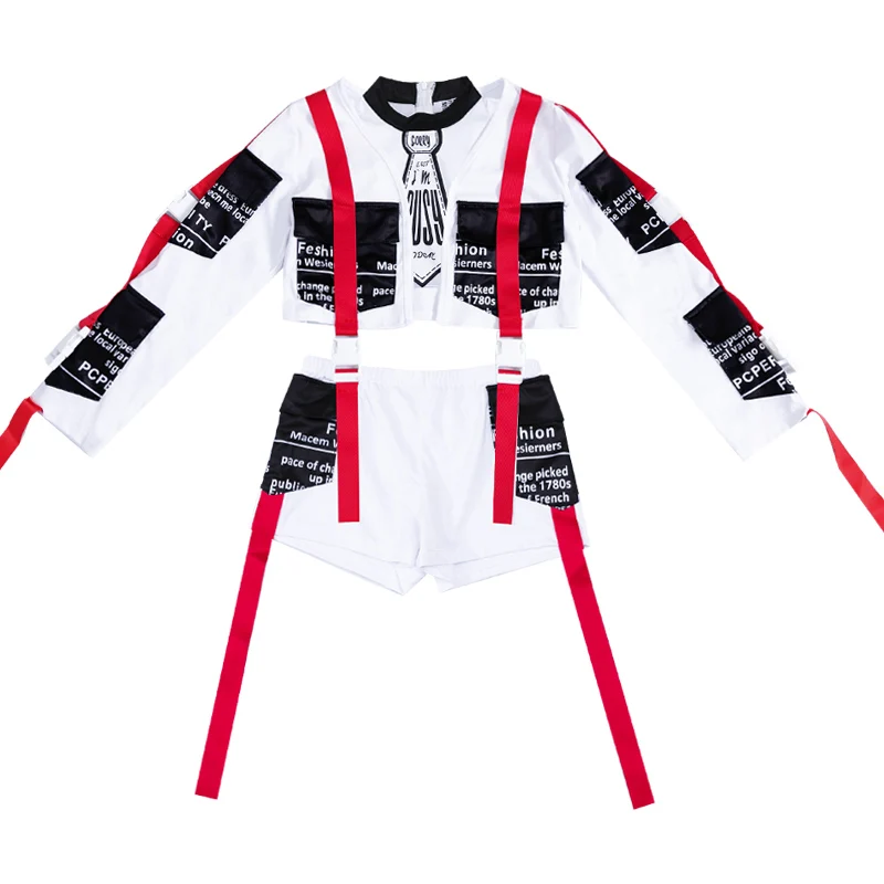

Girls Street Dance White Long Sleeve Tops Shorts Modern Dance Stage Performance Clothing Kids Jazz Hip Hop Dancing Suit