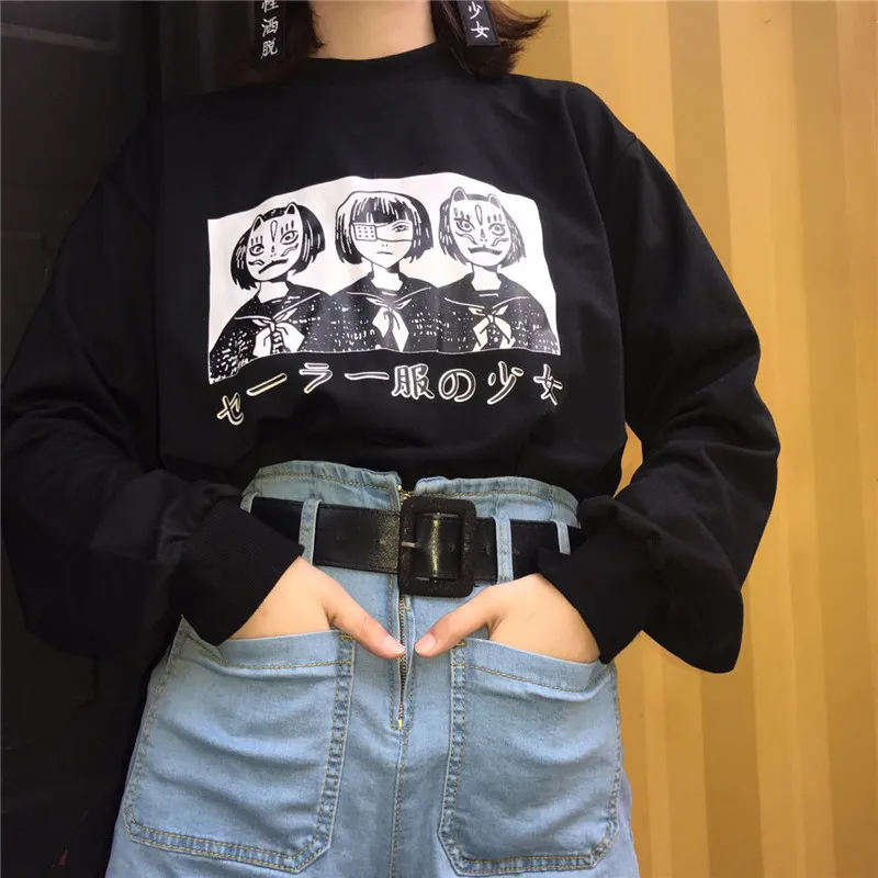 Kpop Япония Стиль аниме принтом Свитшот Харадзюку женские 3 девочки черные