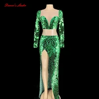 High-end Mesh Lens Jumpsuit Shining Gold Rhinestone Sexy high-elastic long-sleeved Bodysuit Female Singer Dancer Bright Bodysuit