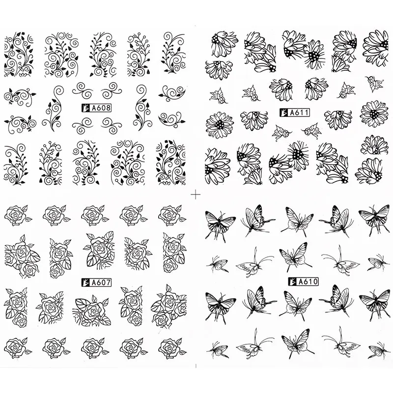 

12 Pieces Water Nail Decals Decal Black Flowers Leaf Transfer Nail Art Decorations Slider Manicure Watermark Leaf Tips
