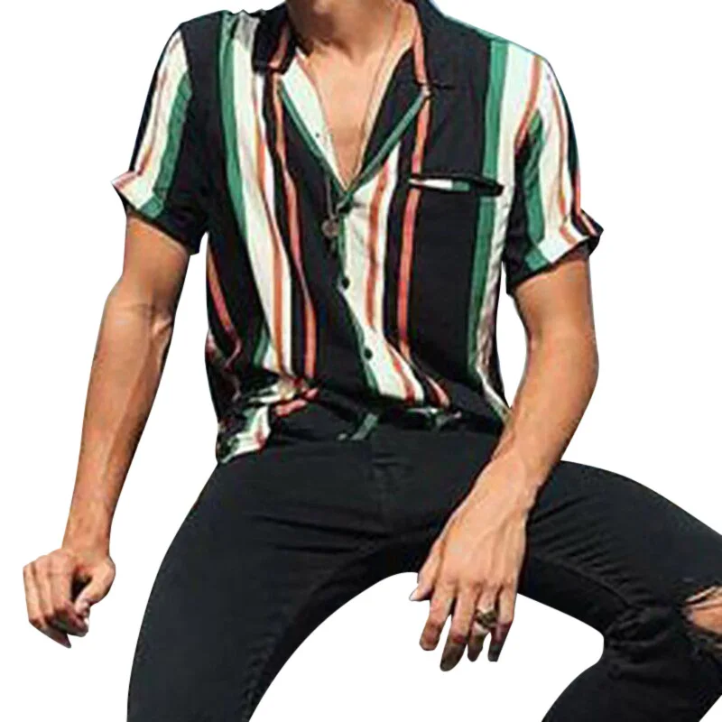 

2021 Spring New Men's Fashion Casual Striped Loose Hot Sale Short-sleeved Shirt Lapel Men's Type Beach Shirt Camisas