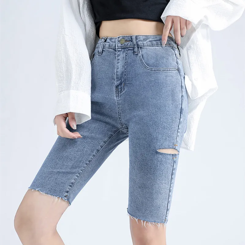 

Women Shorts 2021 New Summer Holes Jeans Capris High Waist Skinny Stretch Cotton Elastic Pants Blue Washed Half Korean Fashion